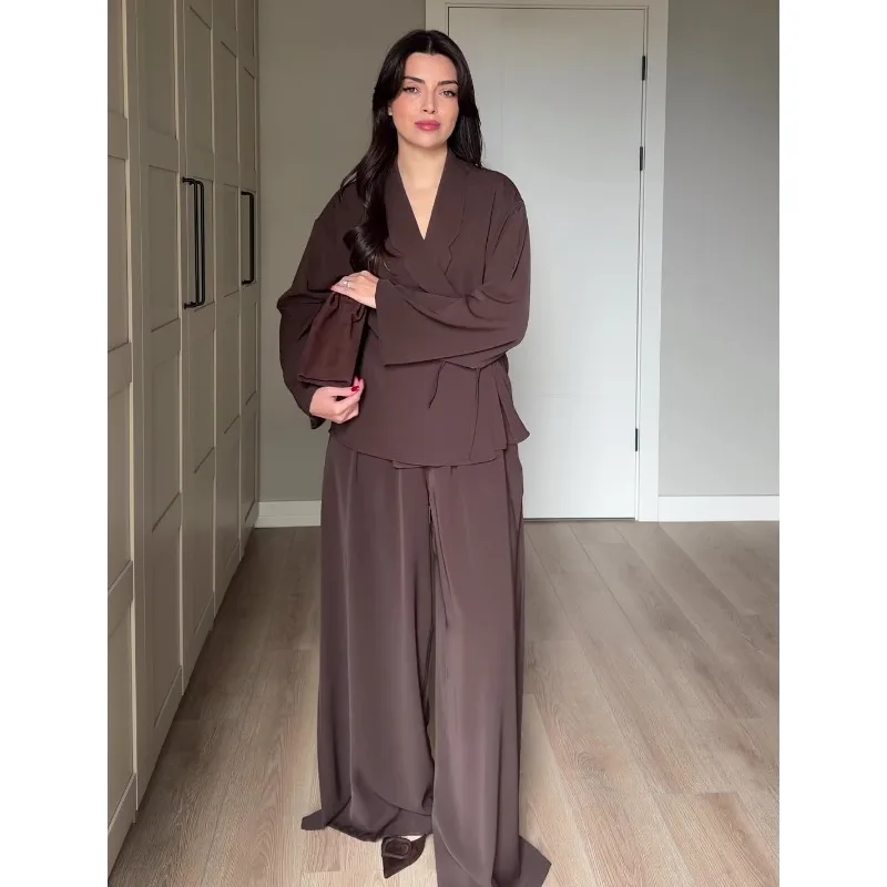 Muslim Two Piece Set Women V Neck Shirt Solid Blouse Wide Leg Pants Suit Dubai Arabic Outfits Morocco Islam Ensemble 2026