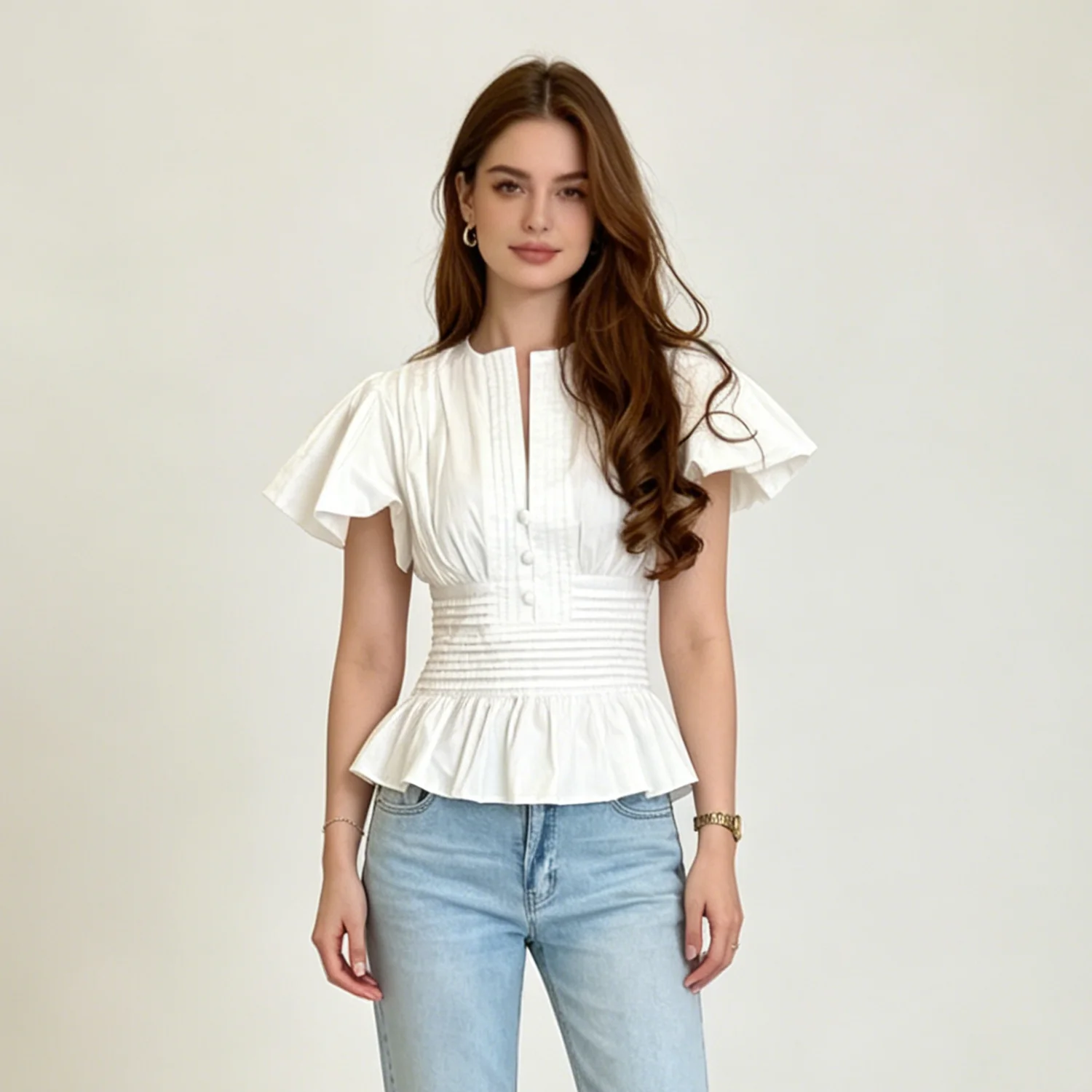 

LIMO 2026 Women White Ruffle Sleeve Peplum Blouse V-Neck Elastic Waist Elegant Casual Top