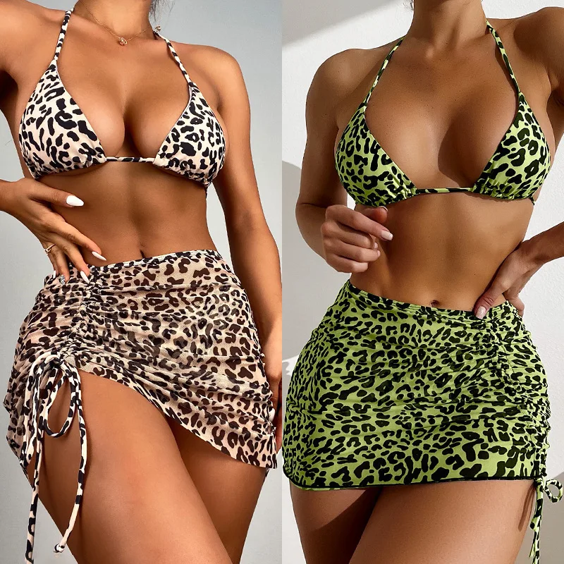 

2025 Leopard Print Bikini Set Women's High Waist 3-Piece Swimsuit with Triangle Top & Cheeky Bottom Matching Sets Sexy Beachwear