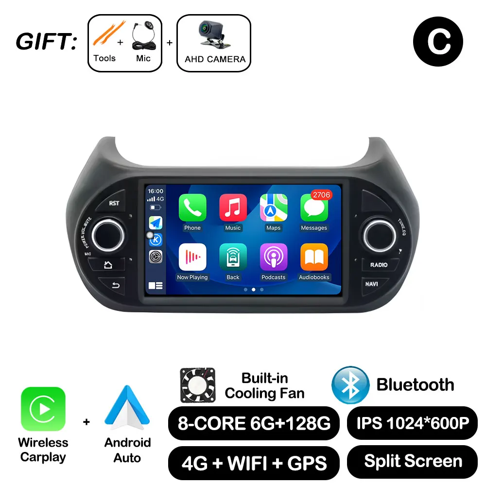Autoradio Multimedia Video Player For Fiat Fiorino Qubo Citroen Nemo Peugeot Bipper 2008-2017 CarPlay GPS Navi DSP Stereo - afbeelding 1