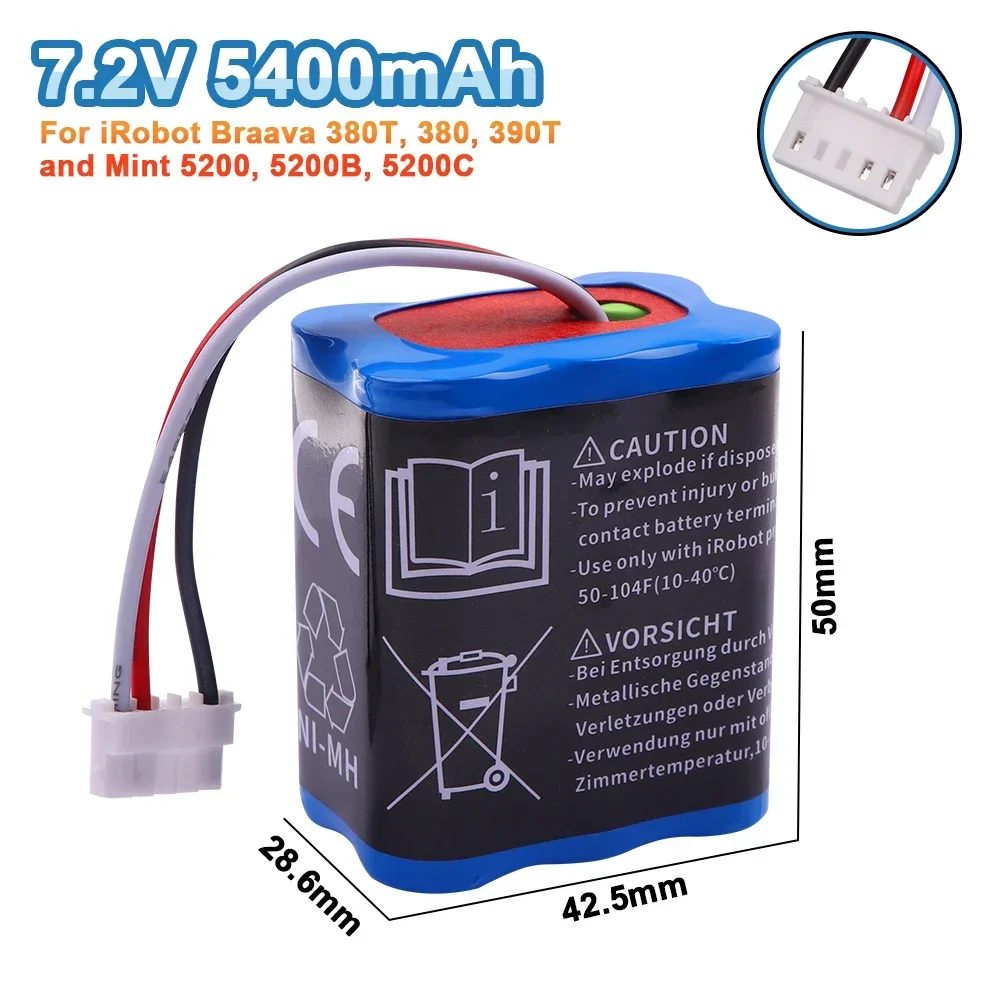 업그레이드7.2V NI-MH 5400mAh 배터리 iRobot Braava 380T 380 390T Mint 5200 5200B 5200C 진공 청소기 업그레이드 된 고용량