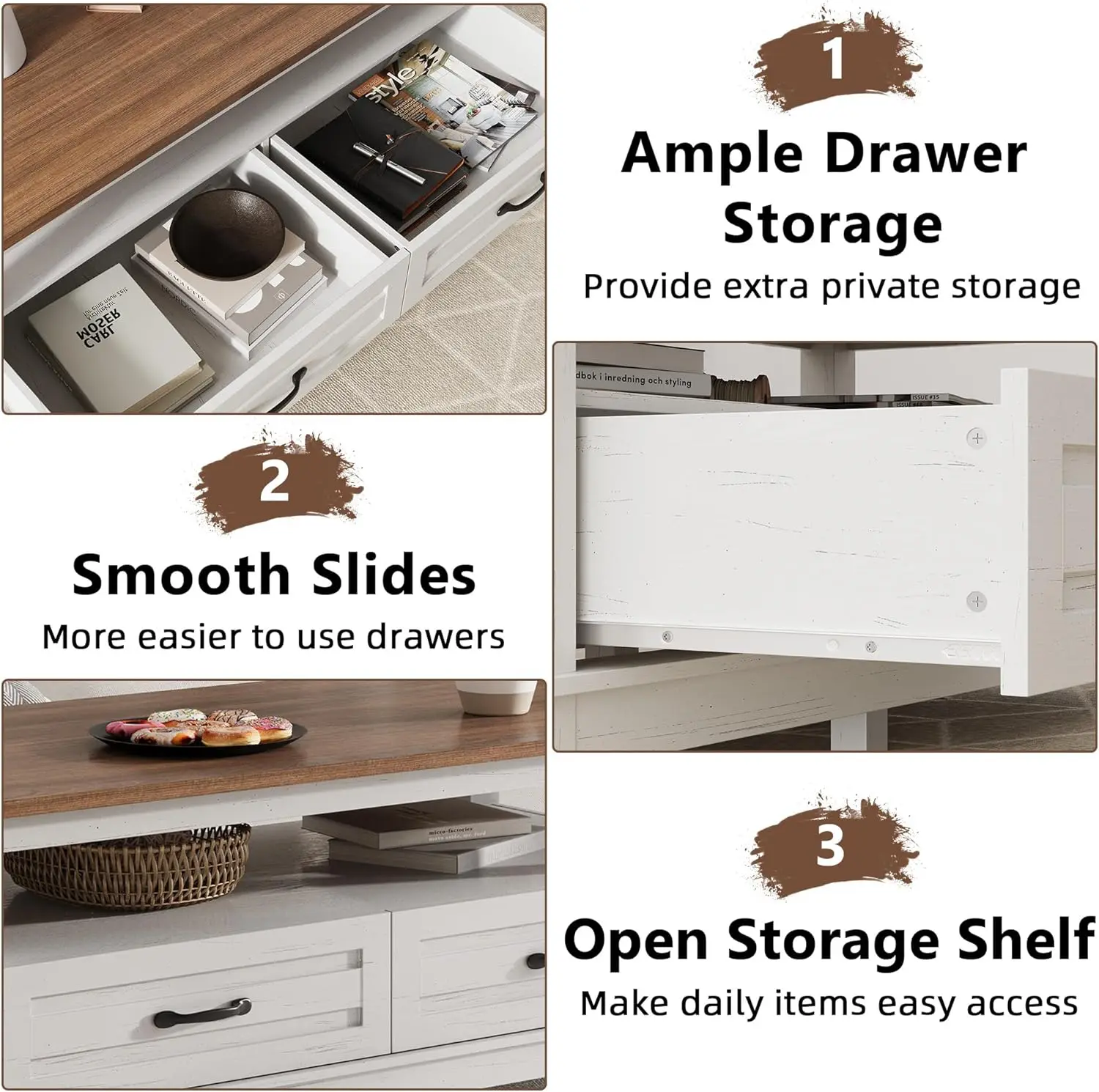 47.24" Farmhouse Coffee Table with Drawers, Rustic Coffee Table Wood Center Table, Easy Assembly Living Room Table for Office, P