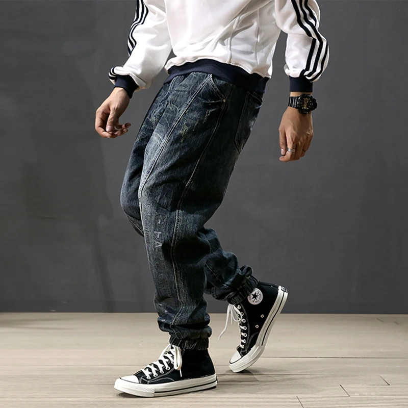 Street Fashion Men Jeans Retro Blue Printed Designer Big Pocket Casual Cargo Pants Hombre Hip Hop Joggers Men Loose Ripped Jeans