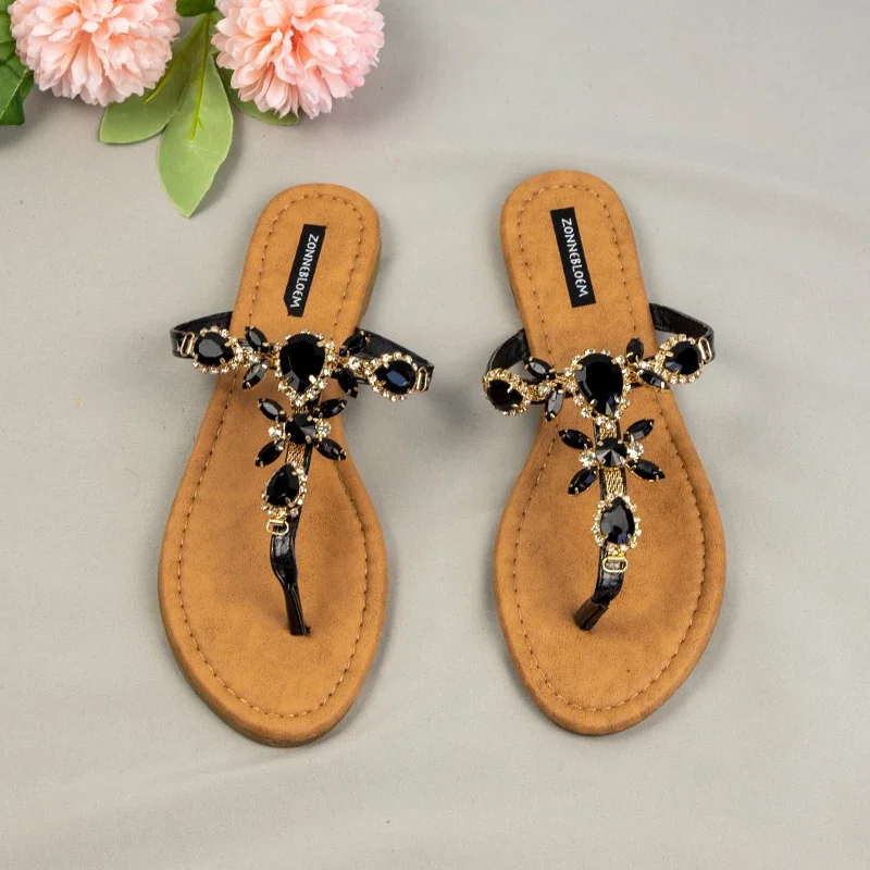 2024 New Women\'s Flip-flops Summer Party Shoes for Female Bling Flower Rhinestones Large Size Flat Heels Outside Ladies Slippers