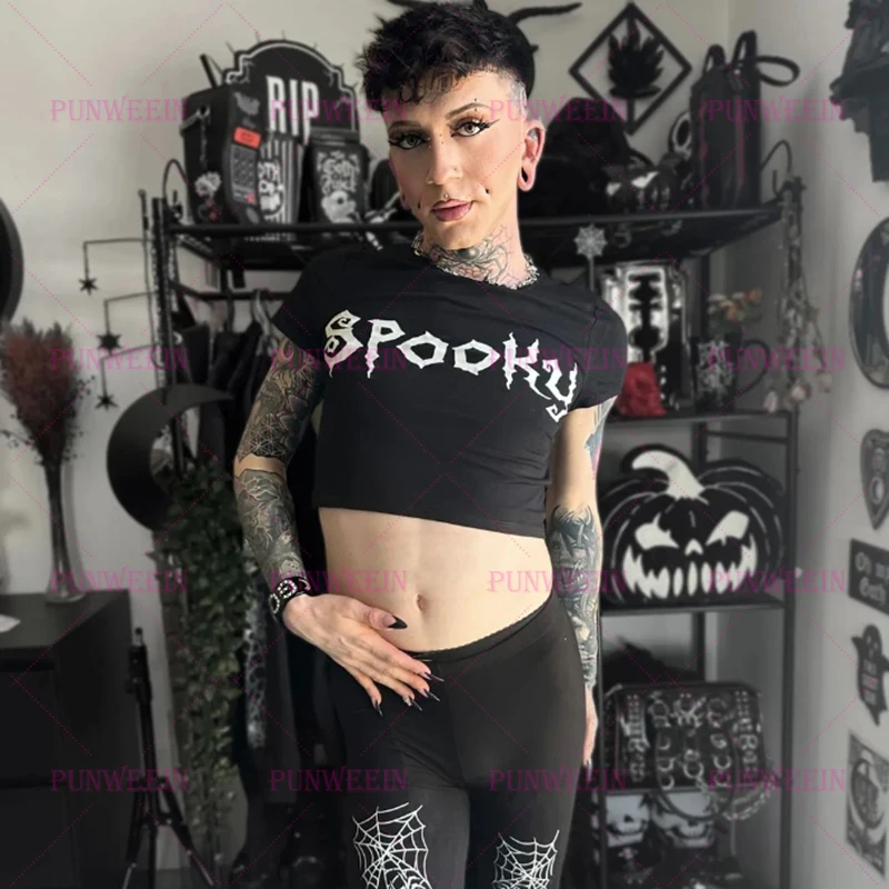 Spooky Daemon Gothic Punk Streetwear T-shirt Harajuku Zoet meisje Baby Tee Zomer Emo Meisjes Vintage kawaii Y2k 90s Party Crop Top