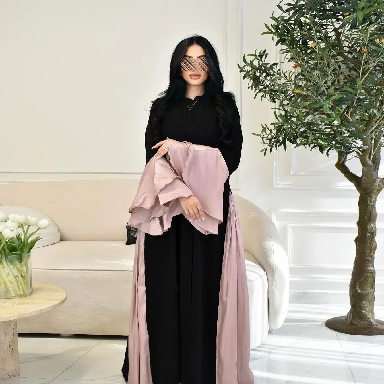 

Eid Shiny Satin Open Abaya with Ruffled Sleeves Muslim Dress Women Turkish Abayas Dubai Islamic Clothing Robe Mariage Musulmane