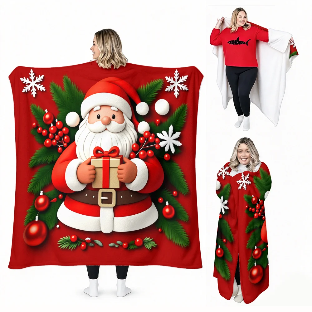 1PC Santa Print Wearable Blanket-Soft and comfortable for both men and women. Perfect for holiday gifts, holiday celebrations, a