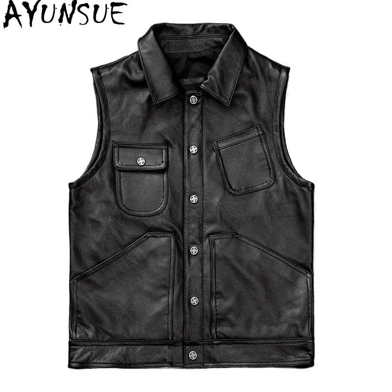 AYUNSUE Top Layer Cowhide Black Motorcycle Jackets of Man Sleeveless Leather Coat Short Men's Leather Vest Lapel Waistcoat 가죽점퍼