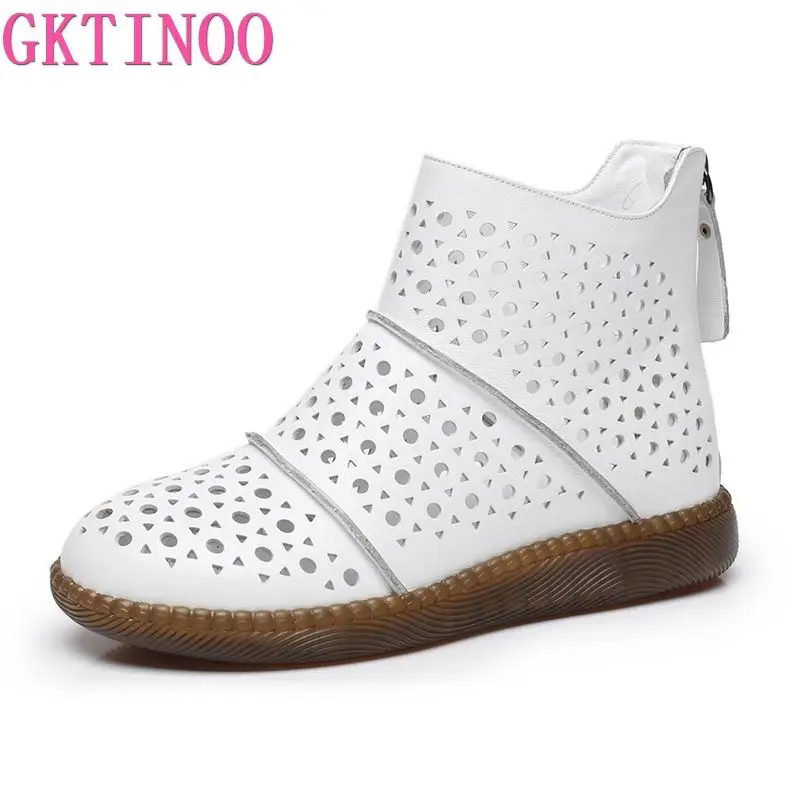 GKTINOO 2024 Summer Ankle Boots Genuine Leather Shoes Women Flat Heels Sandals Back Zip Boots Cutout Breathable Mujer Zapatos