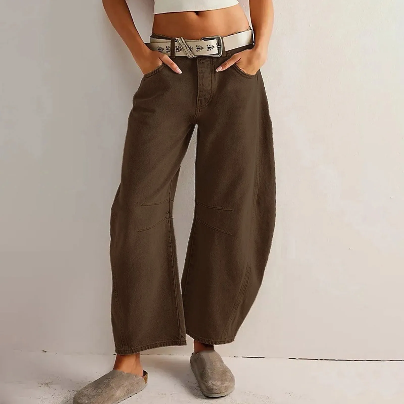 

Solid Color High Waist Washed Cropped With Pockets Women's Fashion Denim Trousers Casual Loose Wide Leg Long Jeans Pants