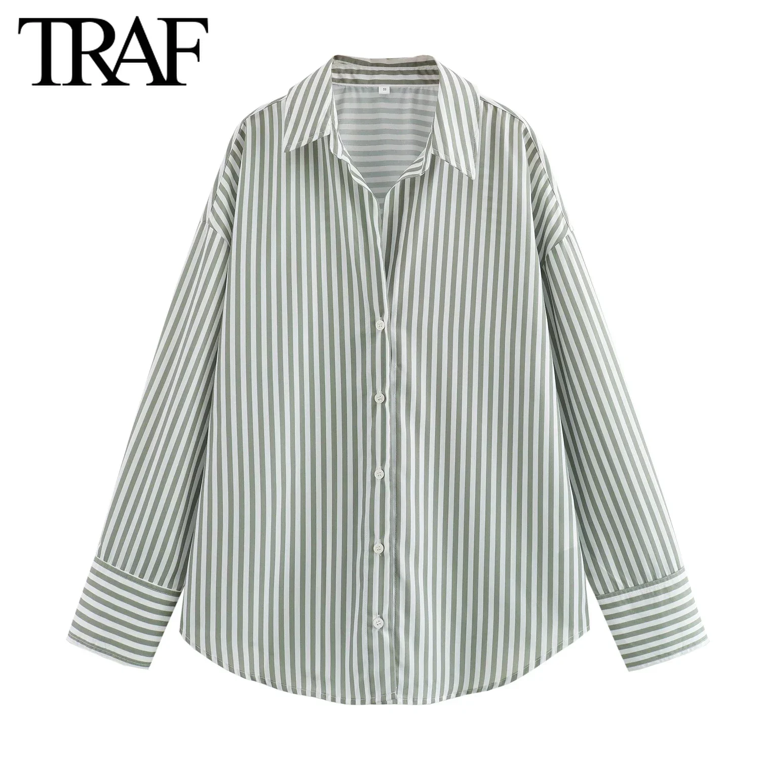 TRAF Women Fashion New Stripe Basic Poplin Long Sleeve Single-breasted Lapel Blouse Street Clothing Shirt Chic Ladies Top