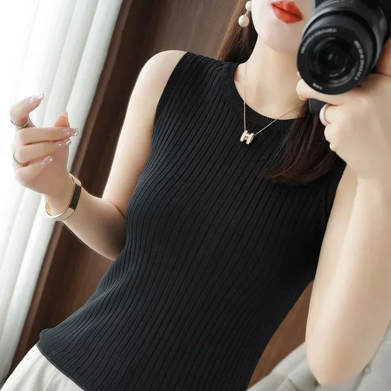 Women Sweater Vest 2024 Spring Summer O-neck Sleveless Slim Fit Knitwears Fashion Korean Inner Tops Solid Casual Vests Pullovers