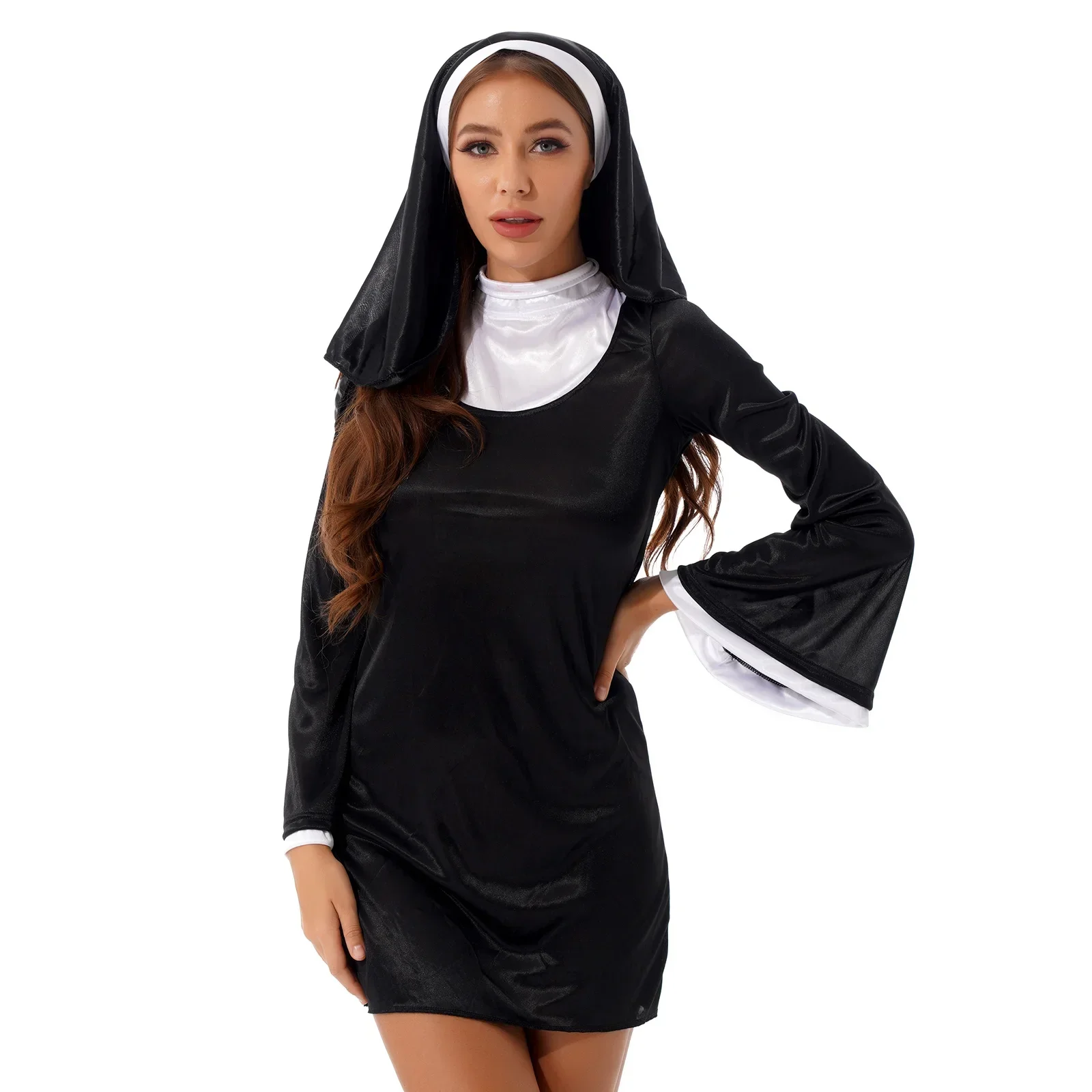 

Women Sexy Lingerie Cosplay Nun Uniform Role Play Costumes Halloween Stage Outfit High Neck Flare Sleeve Dress with Headscarf