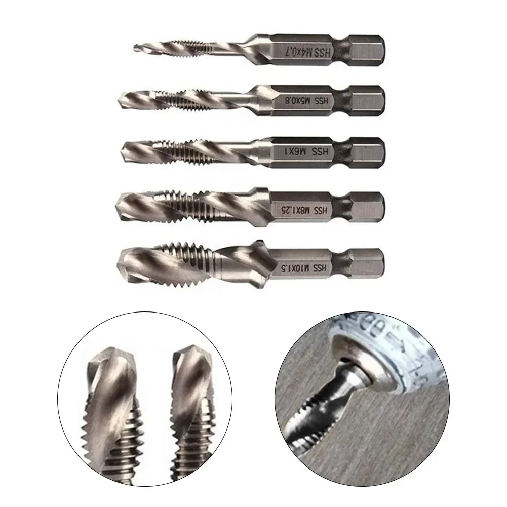 5pcs/set Tap Drill Bit Hex Shank HSS Screw Thread Bit Screw Machine Compound Tap M4 M5 M6 M8 M10 Hand Tools For Woodworking