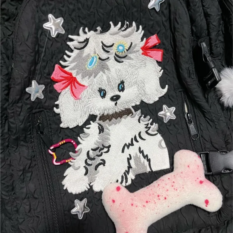 حقيبة ظهر يابانية سوداء لطيفة على شكل جرو للنساء من قماش الجاكار بفيونكة للتجاعيد وسعة كبيرة حقيبة نهارية Y2k جماليات Harajuku Mochilas Mujer