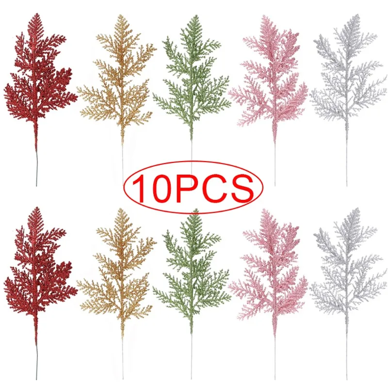 10/5Pcs Christmas Glitter Gold Silver Leaves Xmas Tree Decoration Pendant Artificial Plants Pine Branches New Year Decoration