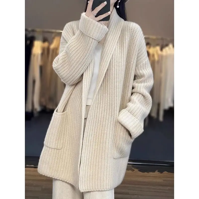 Korean Winter Thick Thread Knitted Women Sweater Ribbed Cardigan Temperament Long Loose Coat Pocket Top Black Roupas Feminina