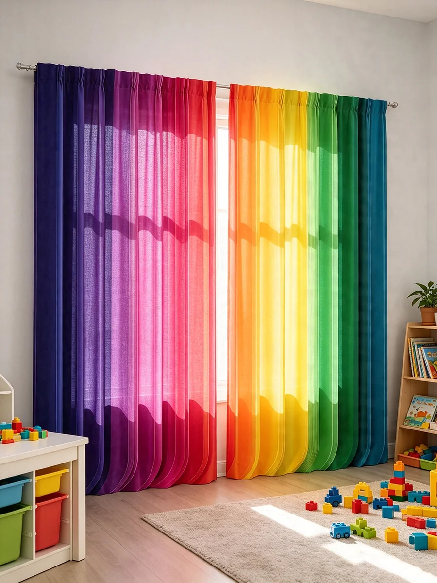 2PCS Digital Print Curtains Vertical Rainbow Stripes Print Colorful Kids Room Window Curtains