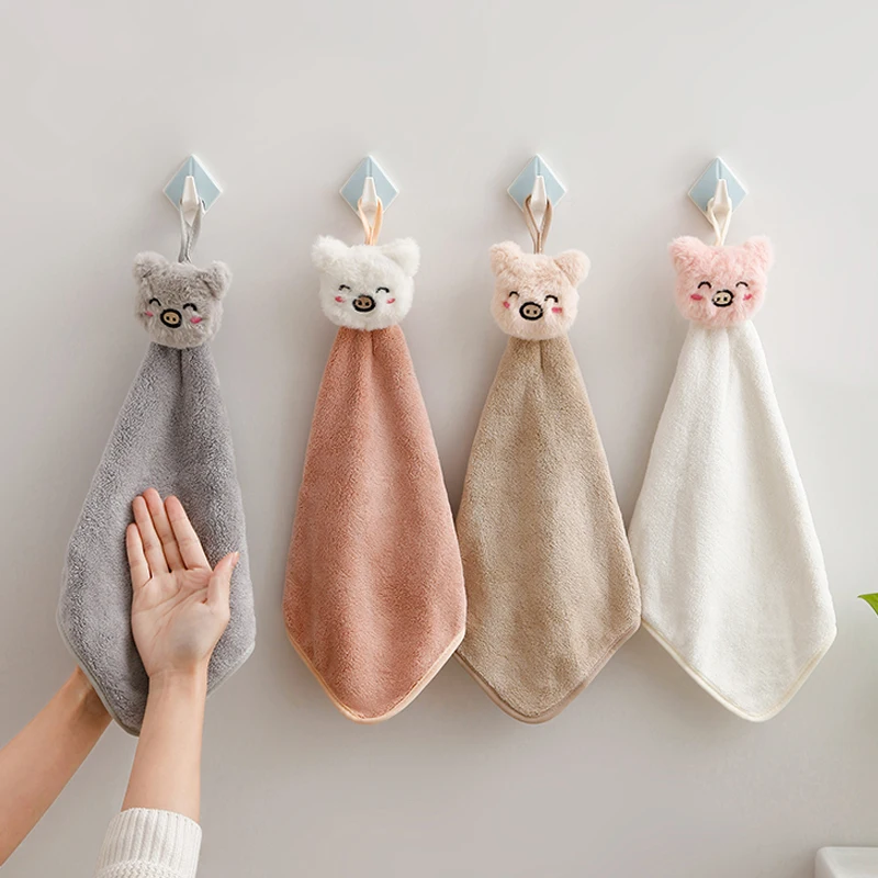 Cute Pig Head Hand Towel Double-layer Thickened Coral Velvet Skin-friendly Kids Handkerchief Microfiber Kitchen Bathroom Towels