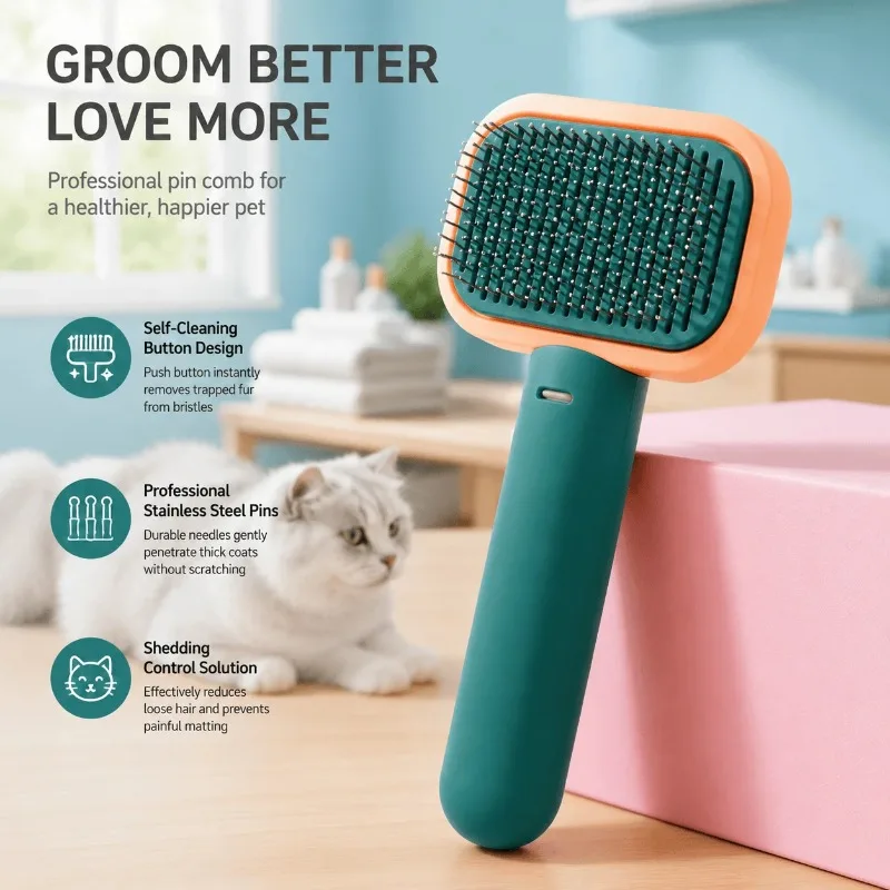 Self Cleaning Slicker Brush Pet Grooming Comb for Dogs Cats Animals Deshedding Dematting Tool Stainless Steel EfficientTool Home