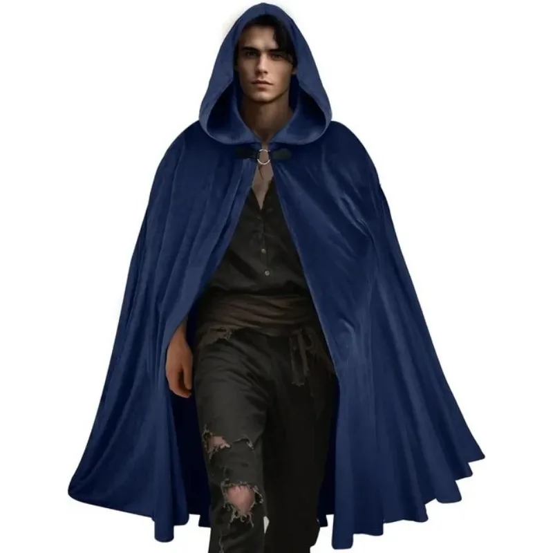 1PCS Viscose Fabric Hooded Cloak For Men Renaissance Cape Medieval Wizard Robe Halloween Cosplay Stage Party Costume