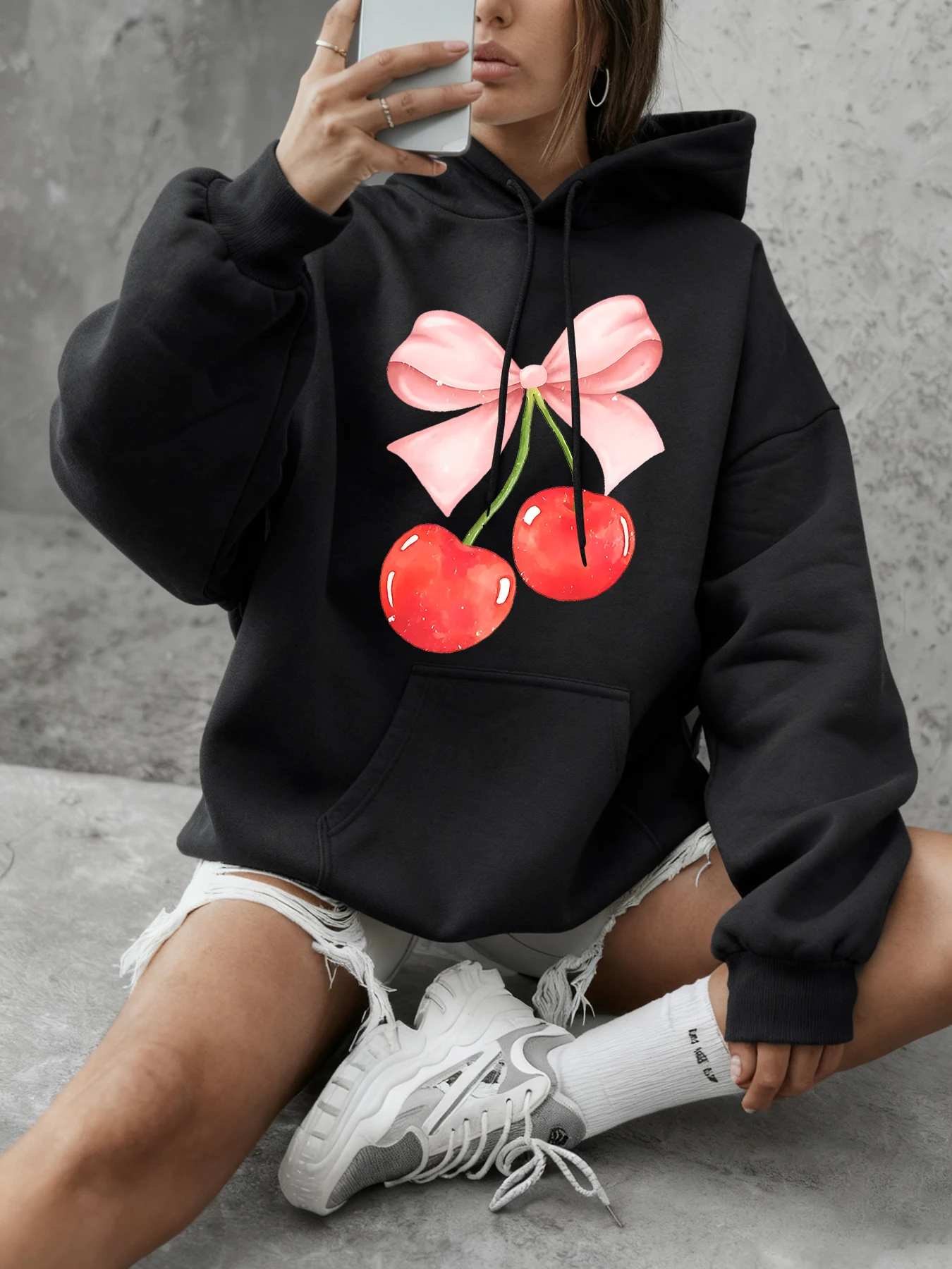 

Повседневная одежда с розовым бантом и вишневым дизайном, женская свободная модная толстовка с капюшоном, теплая удобная спортивная одежда, базовая зимняя толстовка