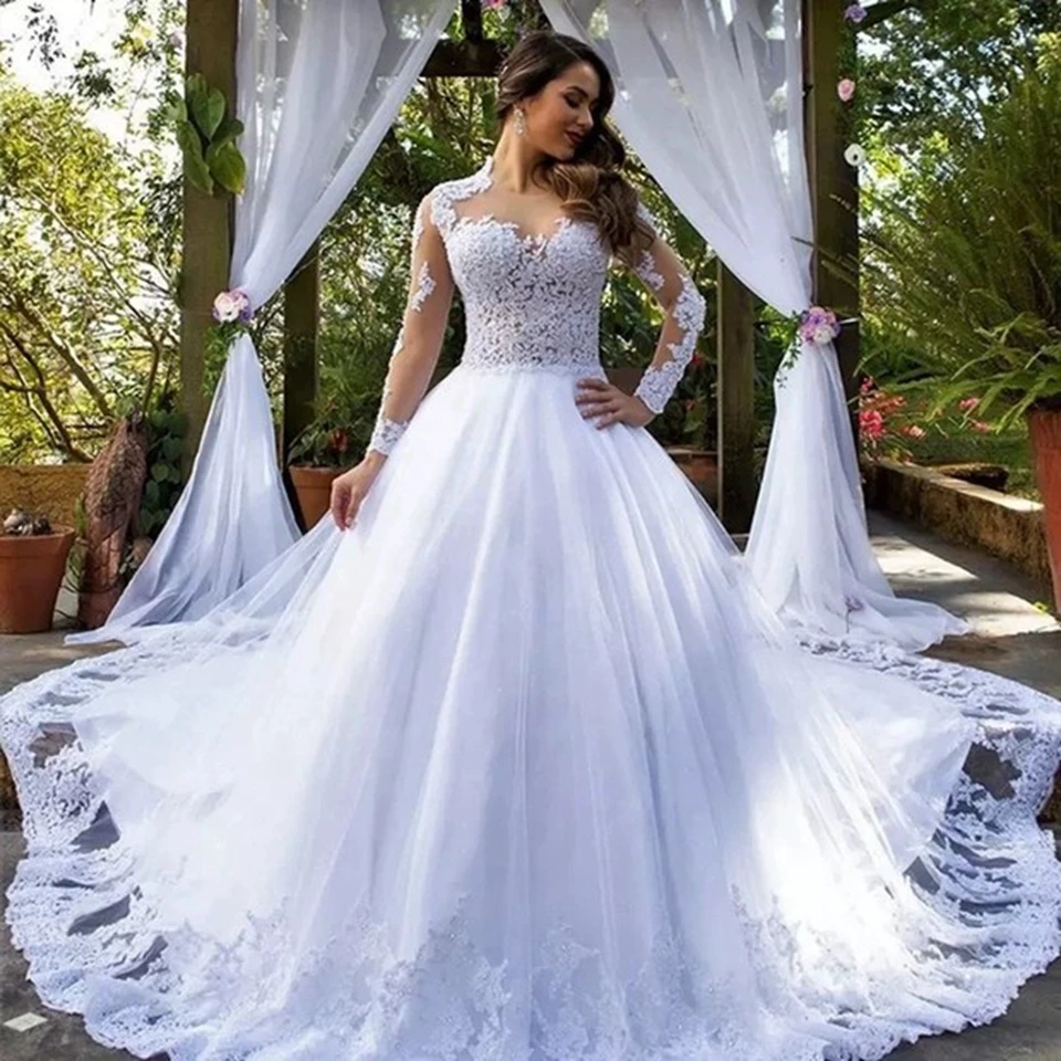 Vestido de novia de lujo Blanco/Marfil para mujer, largo con Apliques de encaje vestido de novia, ilusión, cuentas, lentejuelas, cuello redondo, elegante, tul, 2022