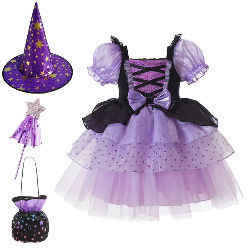Girls Halloween Tutu Dress Purple Black Bow Polka Dot & Orange Butterfly Print Puff Sleeve Layered Tulle Kids Trick or Treat Car