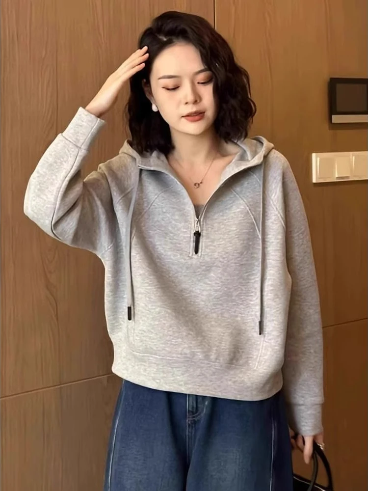 Women's Half Zip Hoodie 2026 Gray Cropped Fleece Lined Loose Sweatshirt Fall Winter Streetwear Casual Pullover Tops