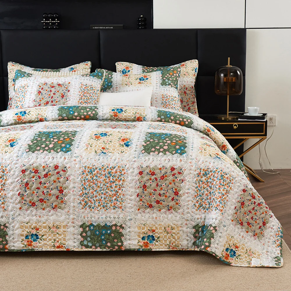 Boho  Floral Pattern Quilt Set 3PCS Bedspread on the Bed Patchwork Coverlet Queen Size Quilted Bedding Sets for All Season