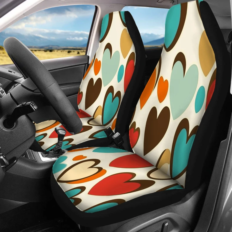 Set Of Two Front Seat Covers For Cars, Featuring A Vibrant Heart Design. These Breathable Vehicle Cushions Do Not Have Back Pock