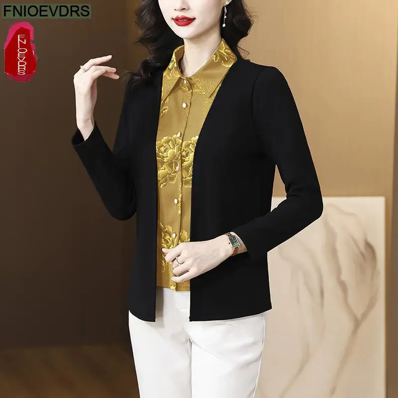 M-5XL New Year Faux Two Piece Tops Women 2023 Autumn Elegant Office Lady Basic Shirts Casual Retro Vintage Bow Tie Blouses