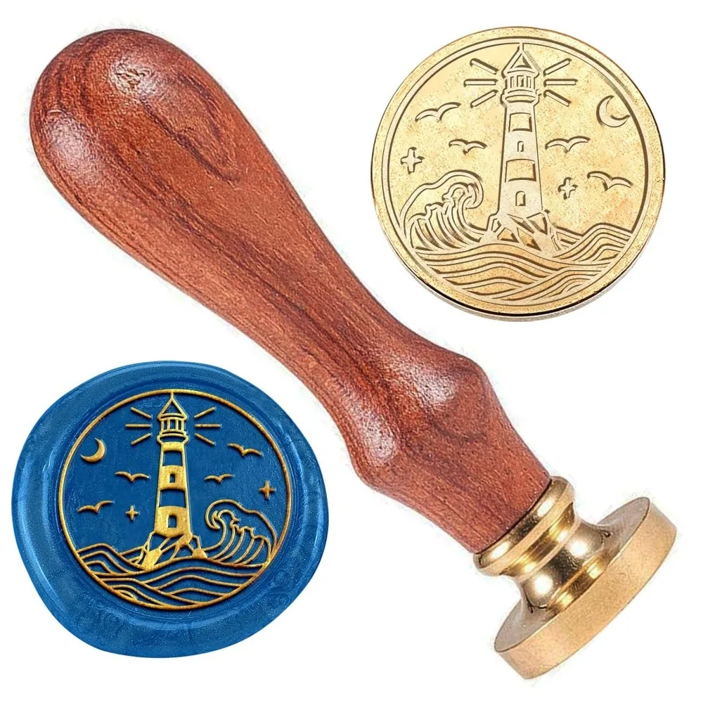 Lighthouse Sea Wave Brass Wax Sealing Stamp with Wooden Handle - Retro Wax Seal for Gift Wrapping Wedding Envelopes Cards