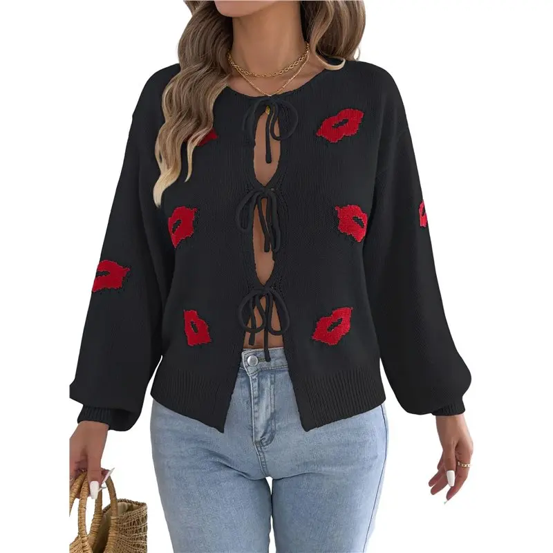 CYL-Women Jacquard Pattern Crew Neck Front Self Tie Cutout Lantern Long Sleeve Loose Knit Sweater