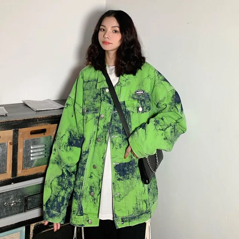 

Street Design Denim Jacket New Autumn Women Fashion Tie-Dye Green Tooling High Street American Outwear s470