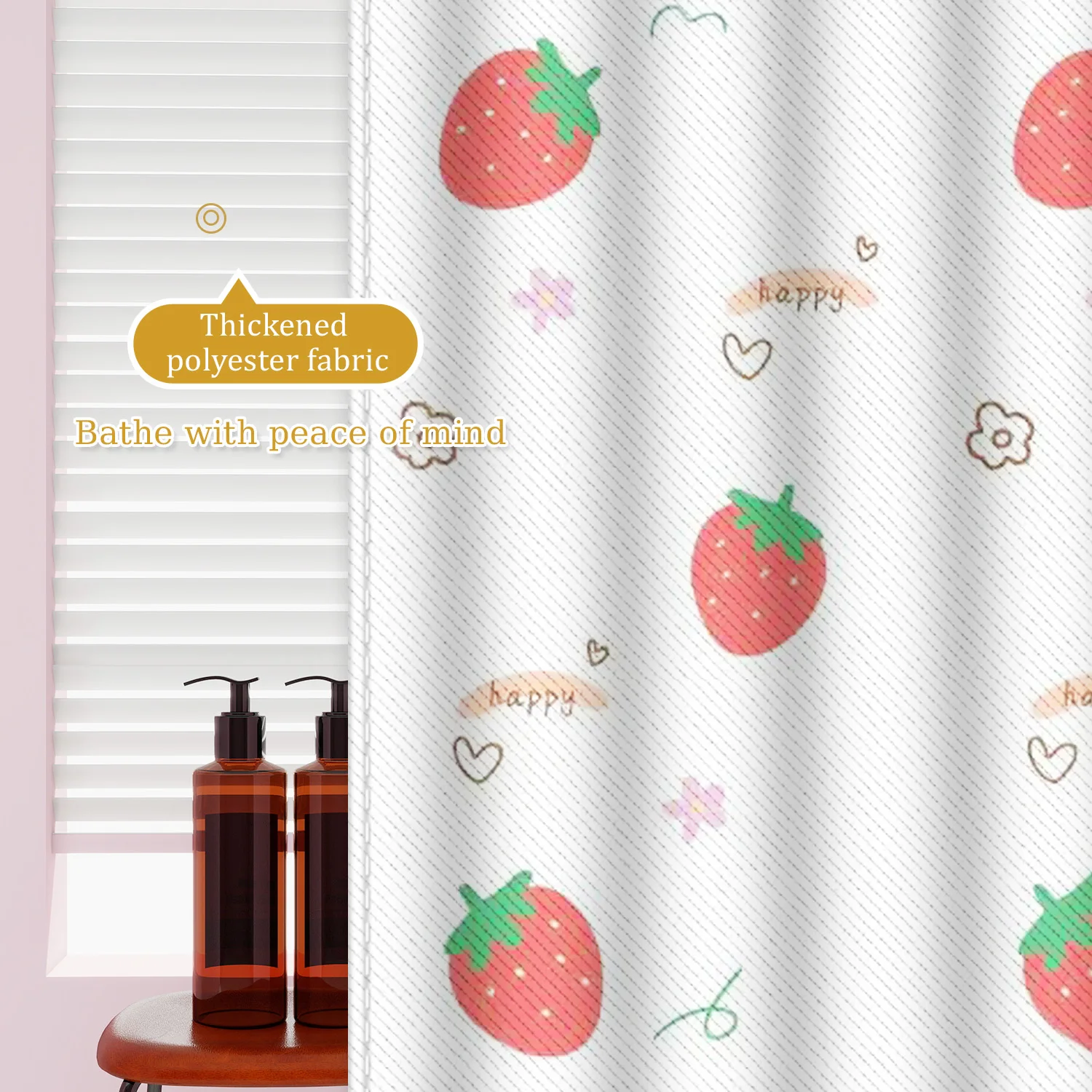 Joyful Strawberry Print Bath Curtain - Sweet Red Berries on Waterproof Polyester