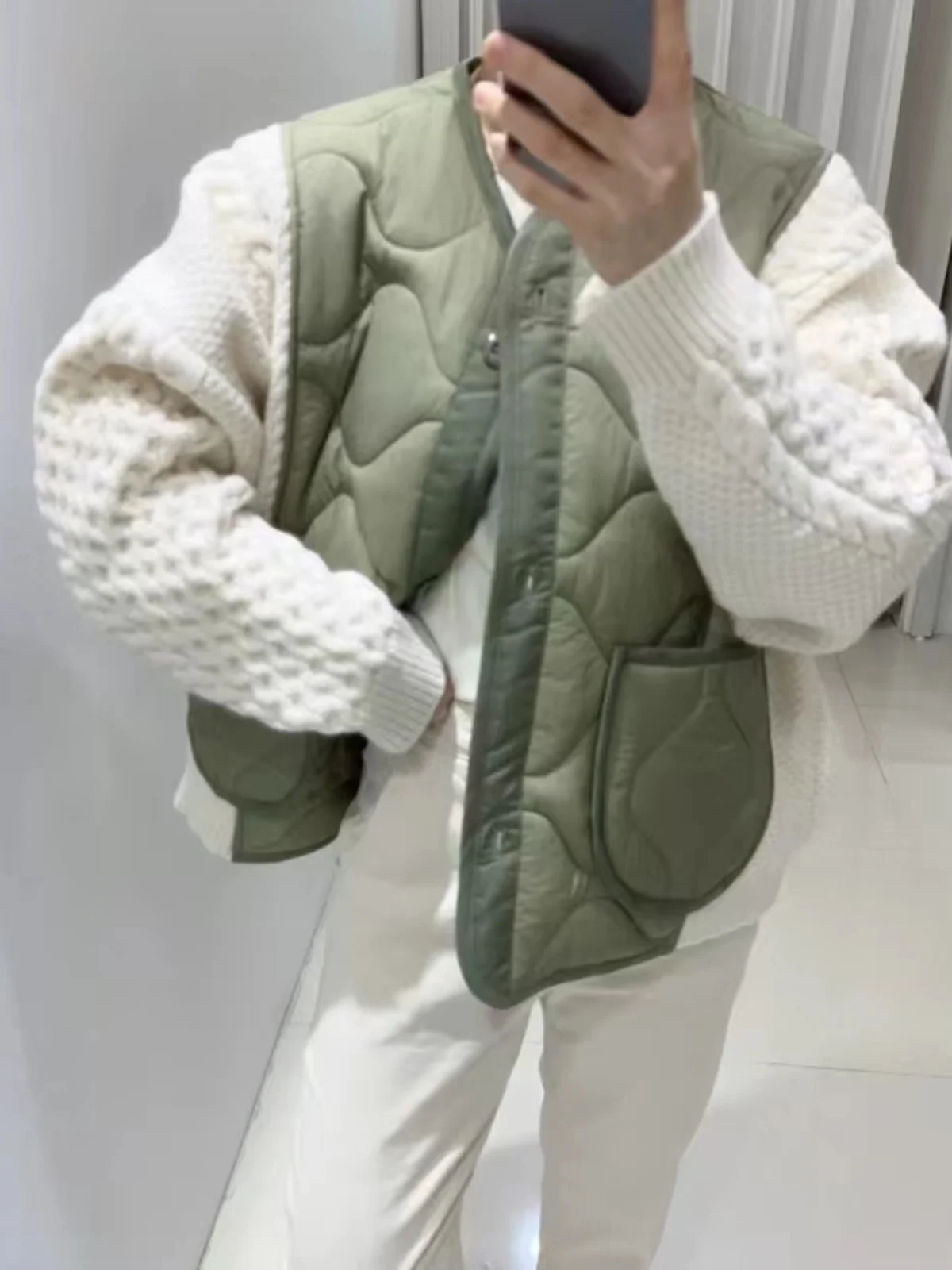 Jaqueta de Aodão Tricotada com Contraste de Cores para Mulheres, Ajuste Solto, Decote em V, Botão Único, Roupas de Aodão ...
