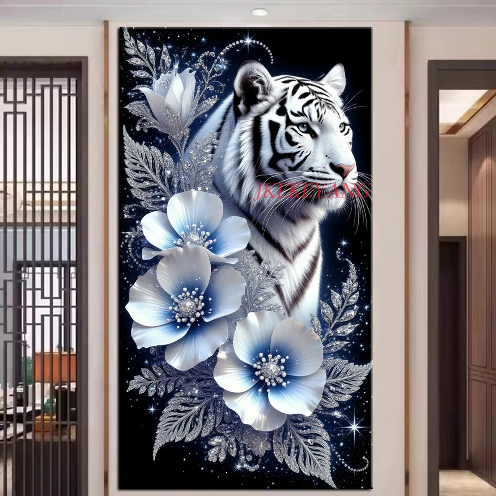 Beautiful White Tiger and Flowers Picture DIY Diamond Painting Cross Stitch Full Drill Diamond Mosaic New Collection Home Decor