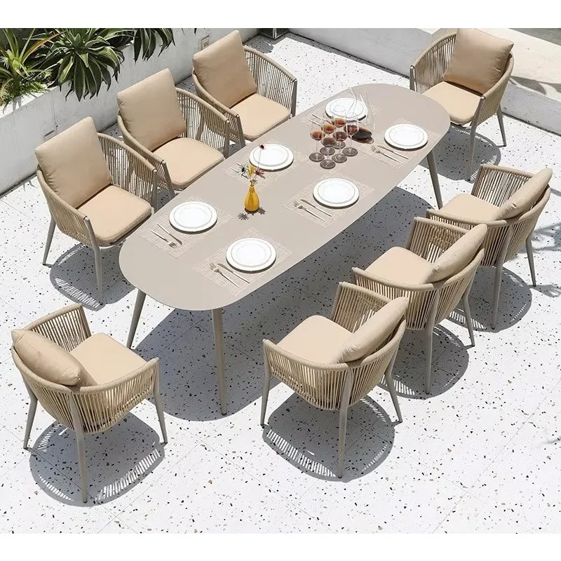 8 Seat Patio Dining Set Outdoor Furniture Aluminum Oval Bench Table Rope Chairs Seat Garden Restaurant Furniture Oversize Table