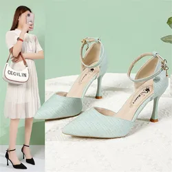 Black White Stone Pattern Retro Women Sandals 2025 Summer Pointy Toe Buckle High Heel 8CM Shoes Ladies Office Dress Pumps Hollow