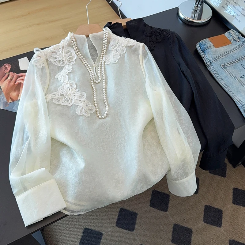 New Chinese Style Embroidered Stand Collar Top Ethnic Classic Base Layer Shirt Heavy Work 3D Flowers Grey Casual Loose Fit Ts...