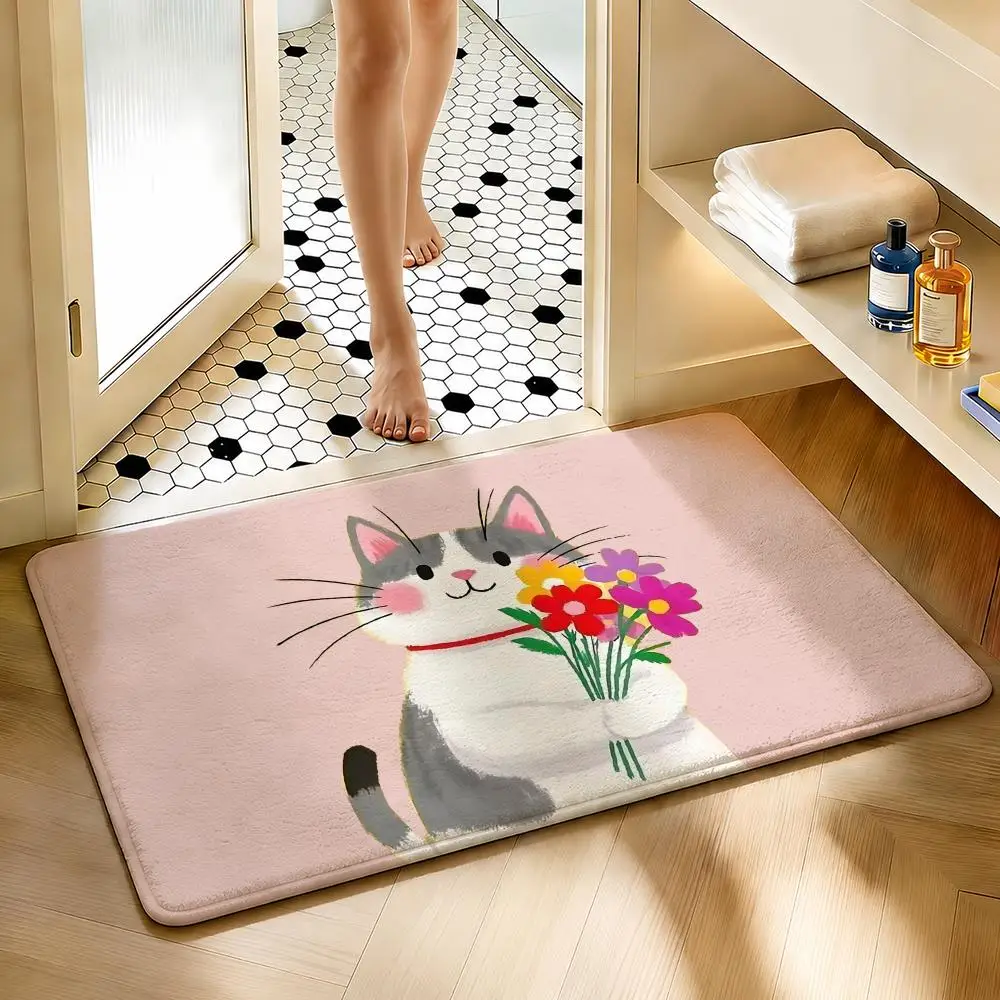 Soft Absorbent Non-Slip Rug Cute Cartoon Cat Holding Floor Mat Home Decor Doormat Bedroom Floor Mat Shower Carpet Decor Doormat