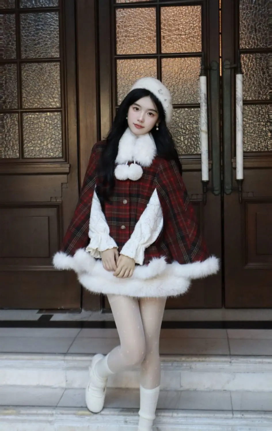 

Japanese Kawaii Lolita Coat Three-piece Women Casual Elegant Coat + Tops + Short Skirt Red Color Outwear Christmas Winter Warm