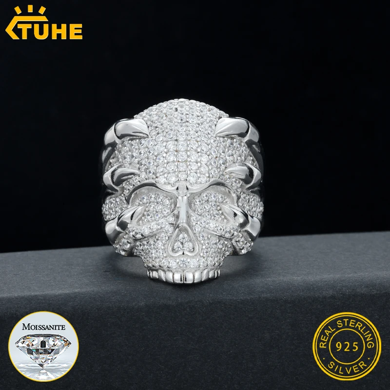 TUHE Unisex New Skull Rings for Men S925 Silver Moissanite Ring Man Hip Hop Jewelry Fashion Rock Punk Halloween Party Gift