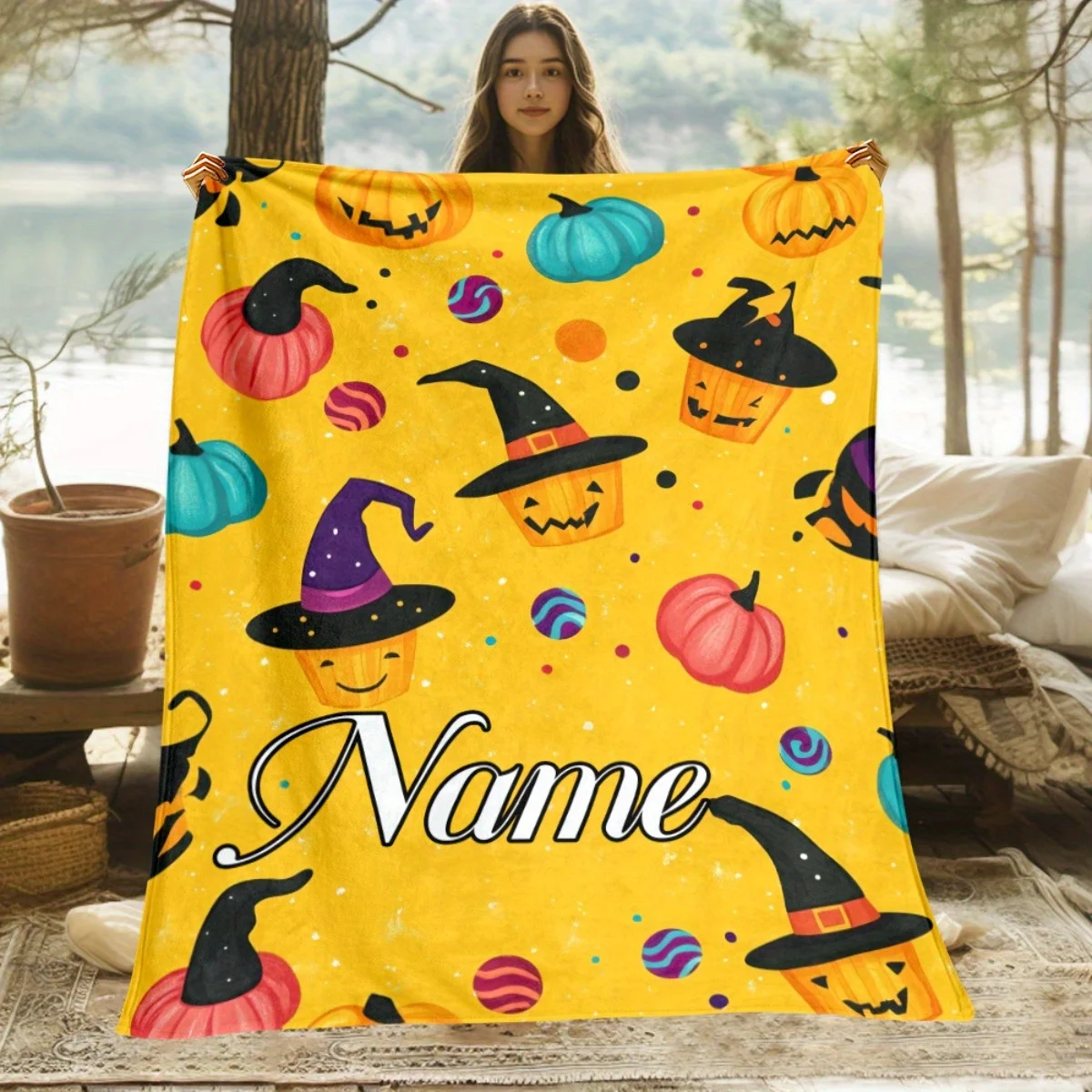 Custom name Halloween pumpkin head flannel blanket, suitable for sofa, bed, Halloween, birthday, children, gift
