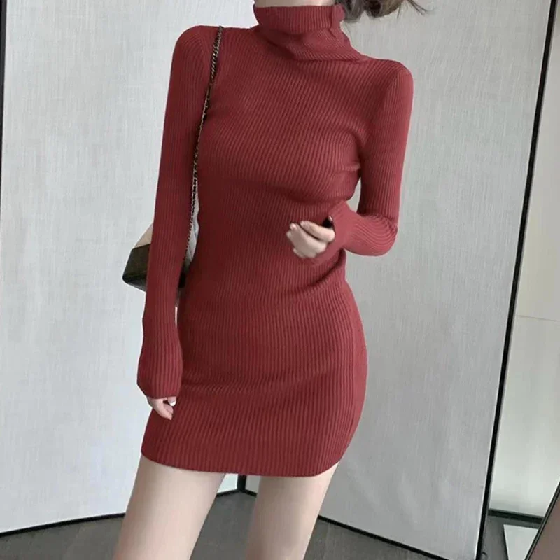 

Women Warm Dress Turtleneck Thicken Bodycon Dress Long Sleeve Solid Knit Casual Jumpers Office Dress Women Autumn Winter