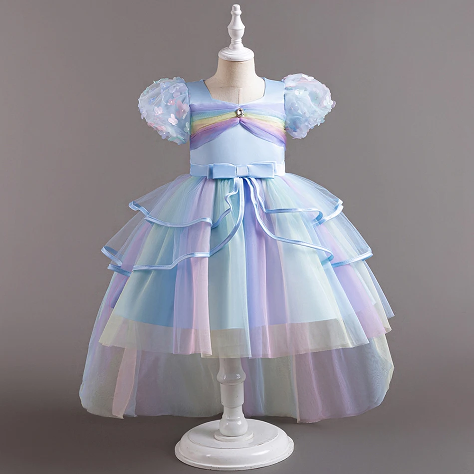 Delightful Children Colorful Tulle Cosplay Dress with Long Train Ball Gown Perfect Fit for Birthday Party and Enchanted Evenings