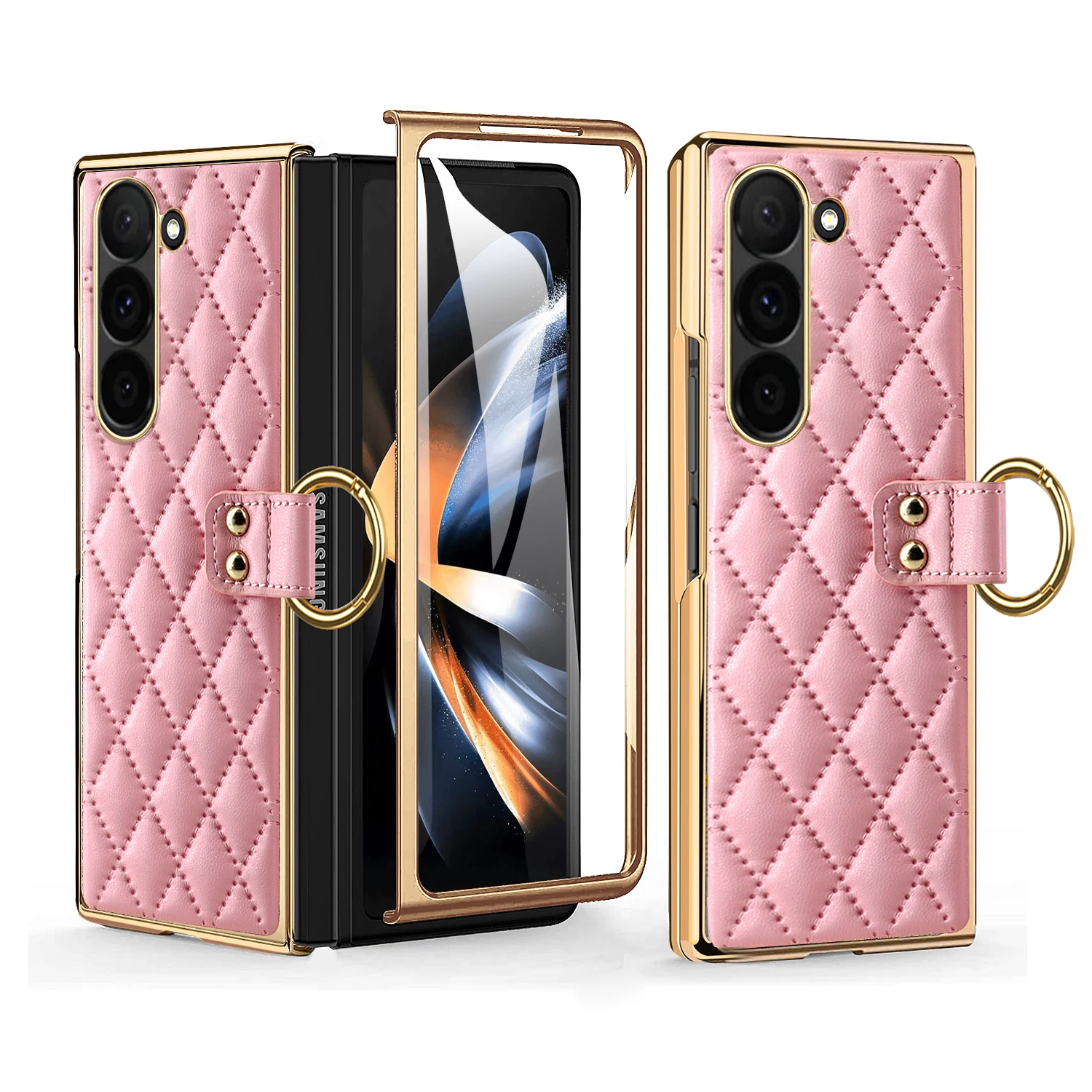 Pink  PU Leather Z Fold 6 z5 z4 z3 Cell Phone Cover,Luxury Design Phone Cases With Finger Ring For Samsung Galaxy Z Fold 6 Case