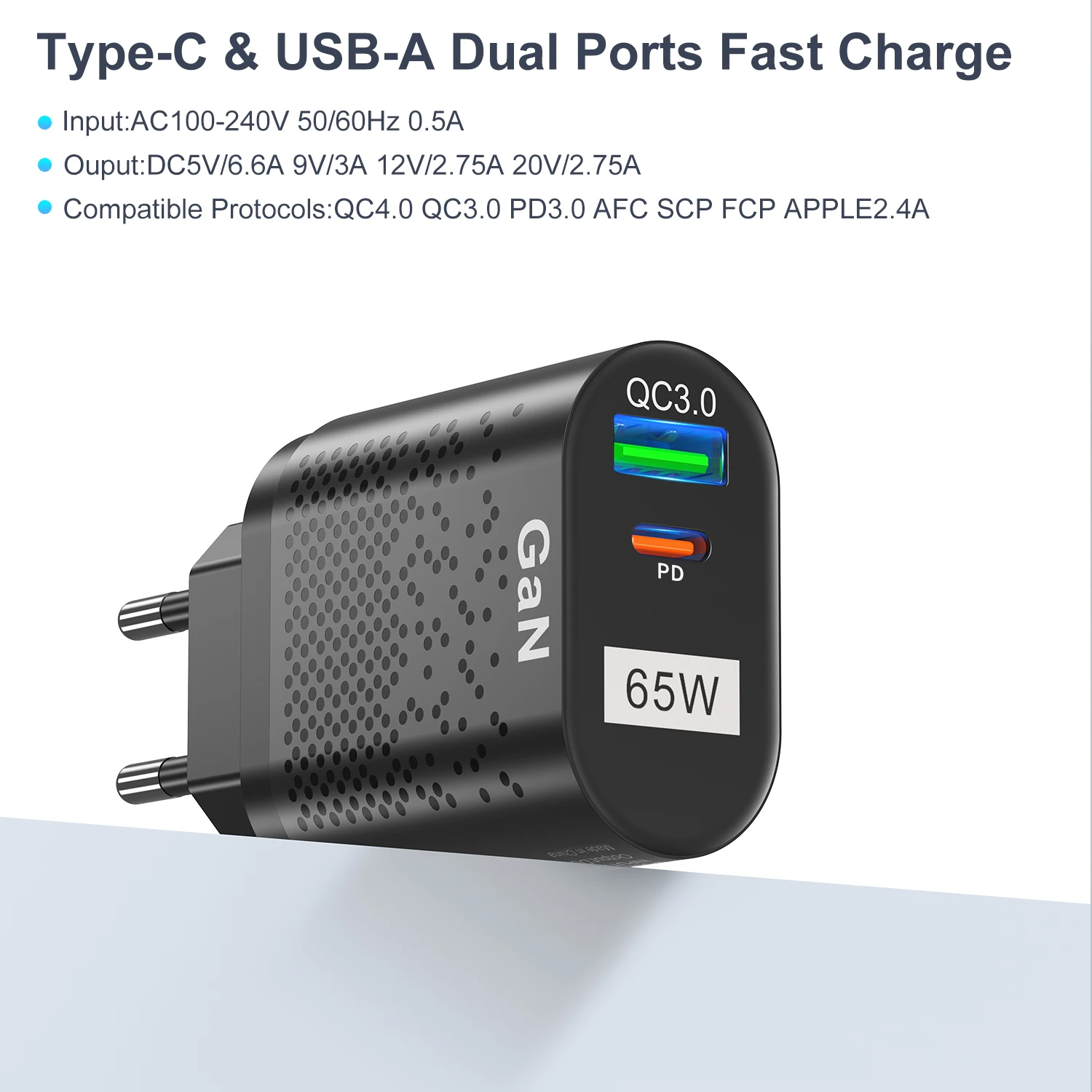 65W GaN USB C Fast Charger PD33W Ausralian Fast Charging Chargers for iPhone 15 AU/EU Plug USB Type C Charger for New Zealand