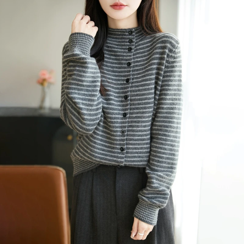 Color Blocking Design Striped Knitted Cardigan for Women 2026 Winter New Fashion Semi High Neck Casual Versatile Base Sweater